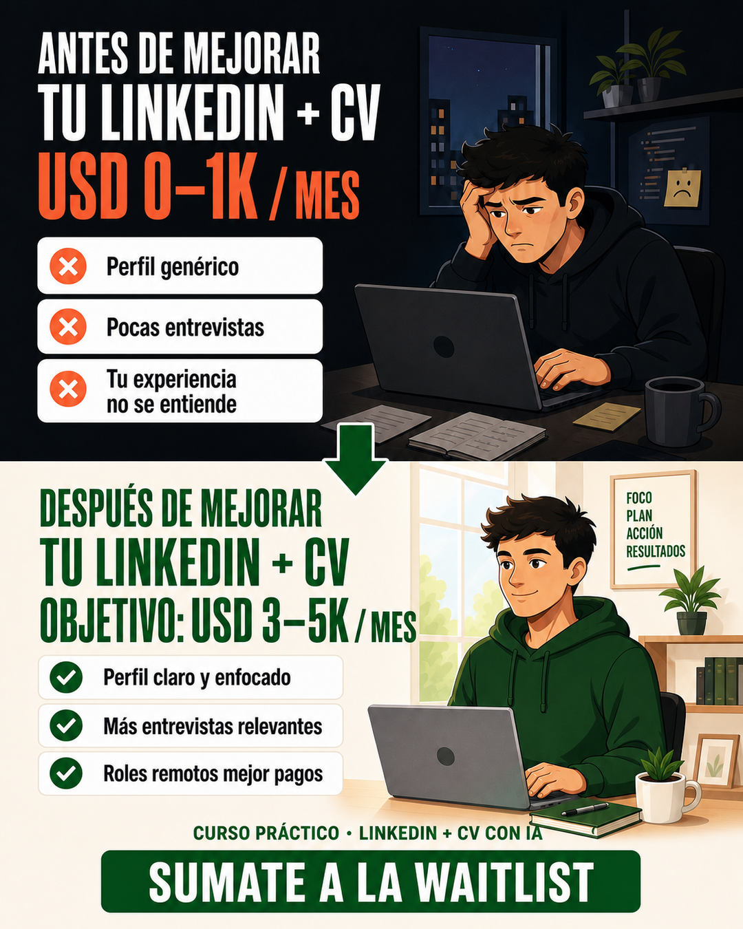 Antes y después de mejorar LinkedIn y CV: perfil genérico frente a perfil claro orientado a roles remotos
