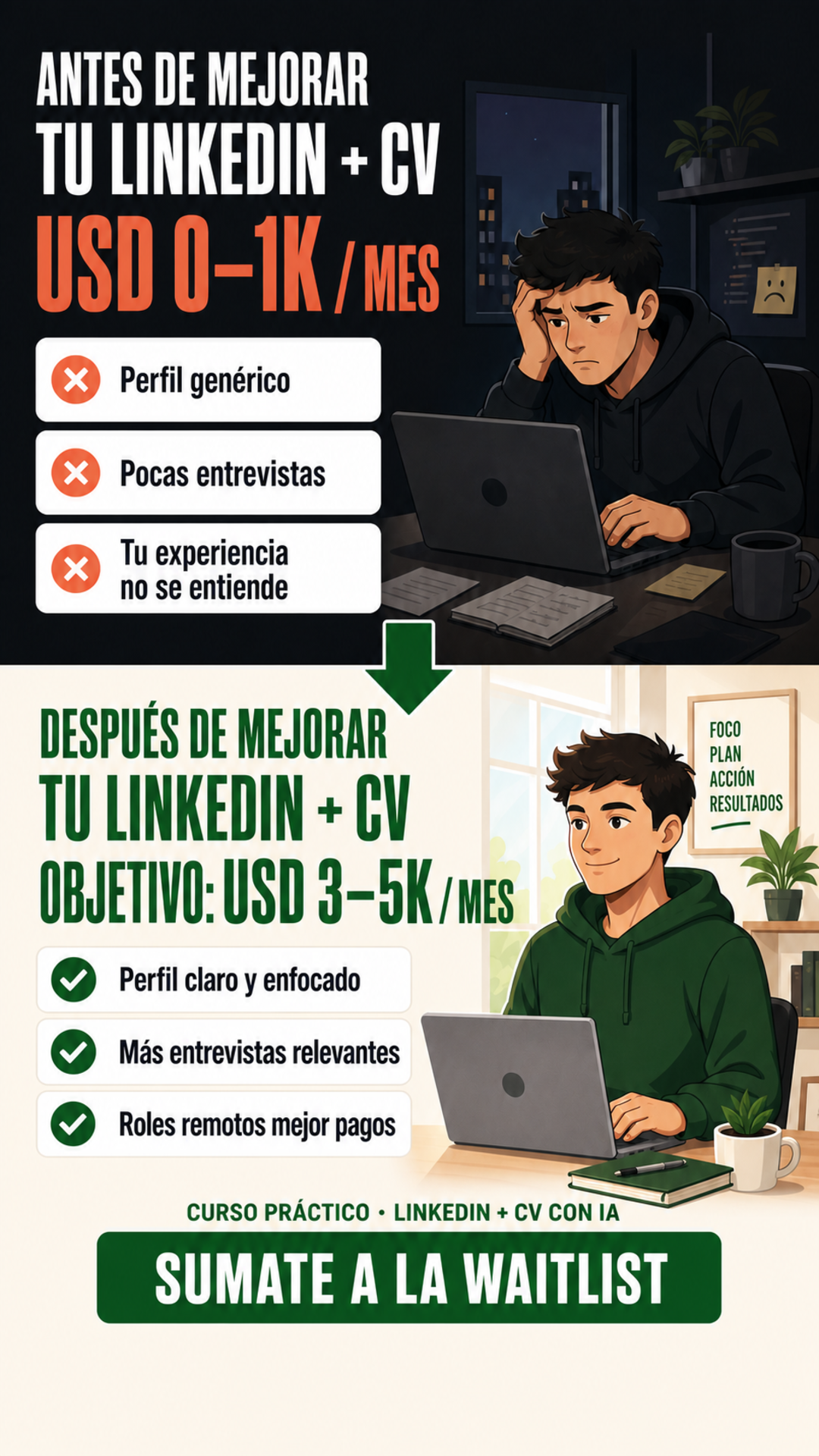 Antes y después de mejorar LinkedIn y CV: perfil genérico frente a perfil claro orientado a roles remotos